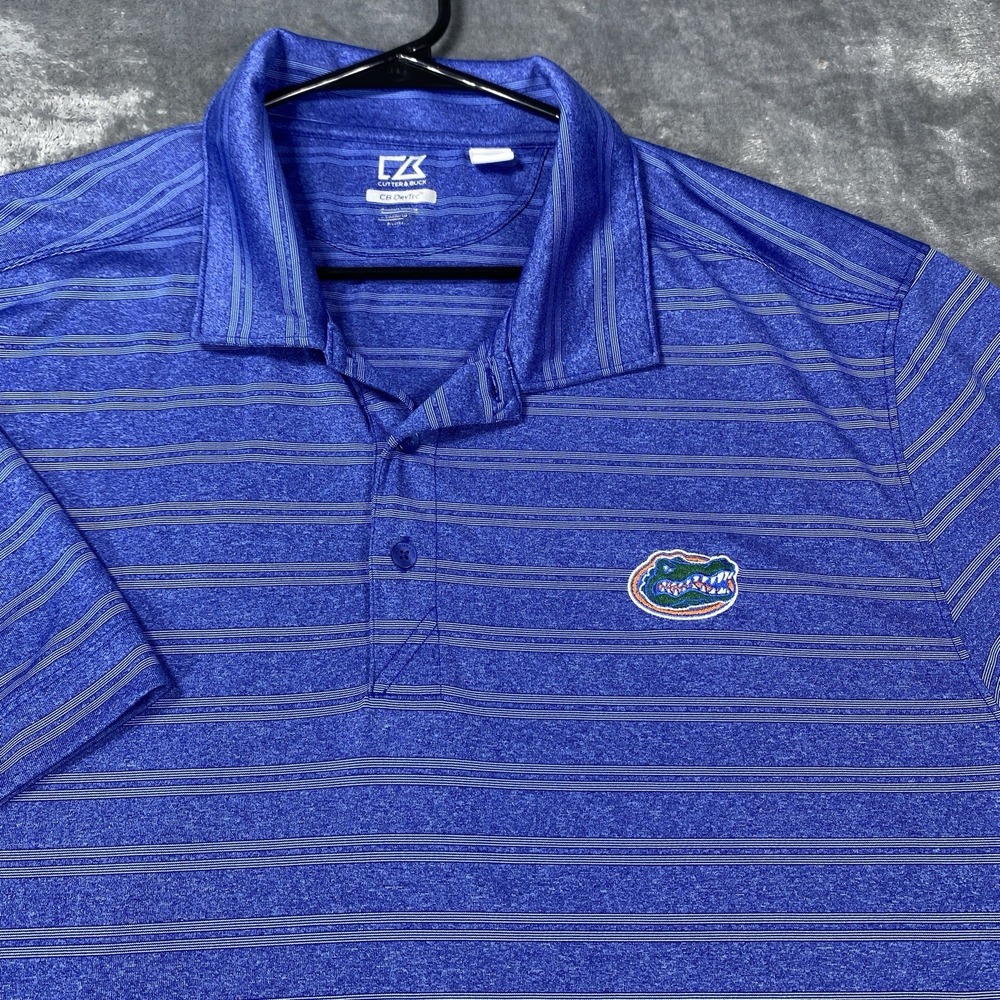 Florida Gators Polo Shirt Mens 2XL Blue Striped Cutter & Buck Dry Tech NCAA